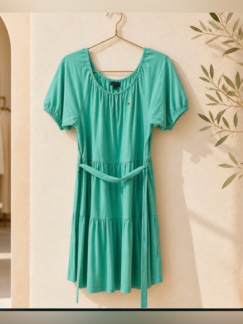 Tommy Hilfiger Teal Tiered Short Sleeve Midi Dress with Self-Tie Belt
